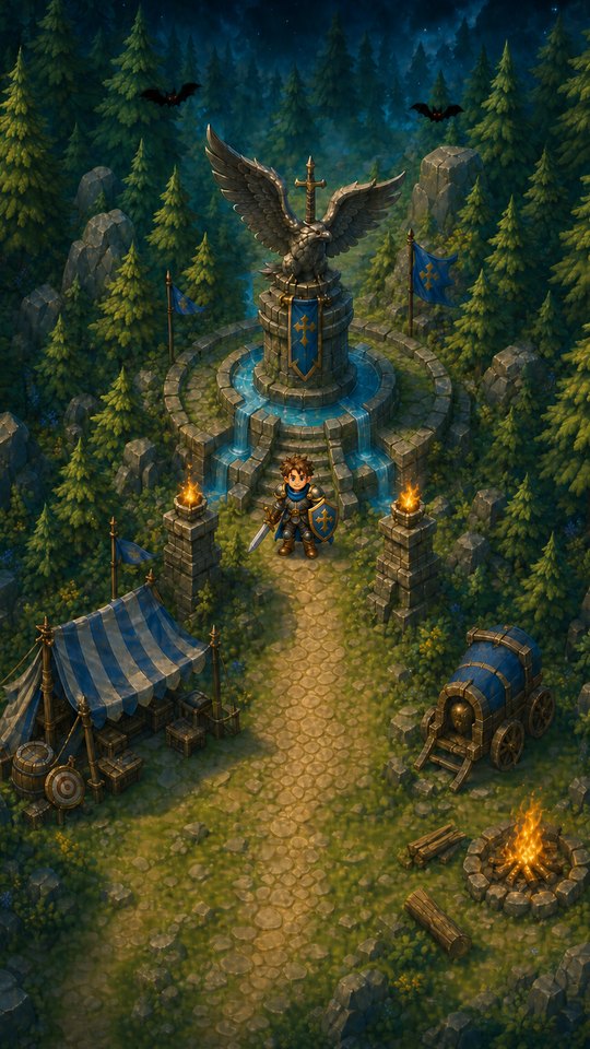 Greenspine camp: a mossy forest plaza with a statue fountain