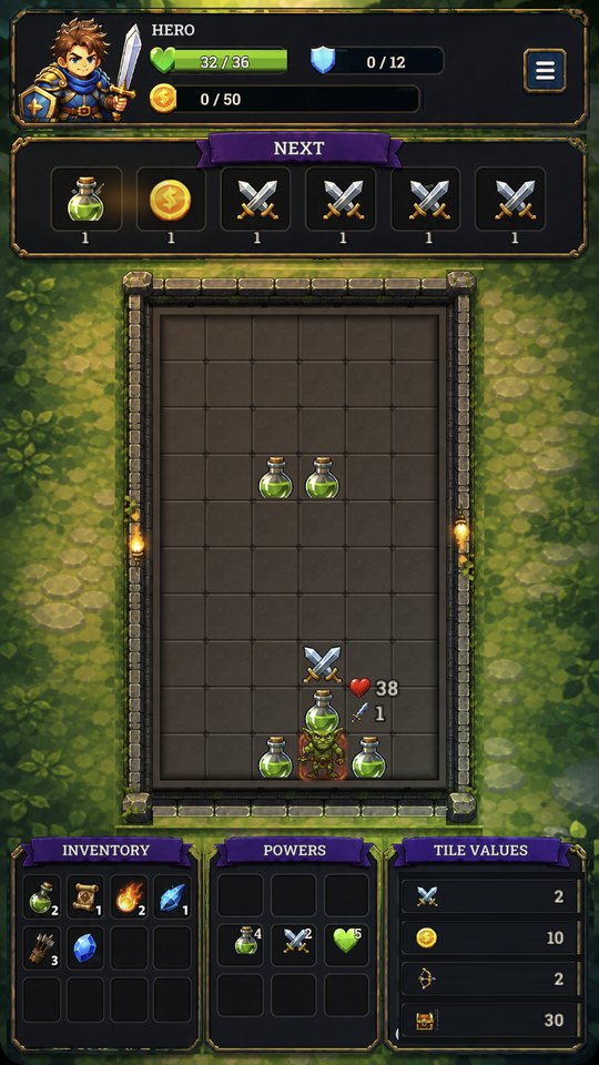 Drop Dungeon battle board: falling loot above a goblin on the dungeon floor